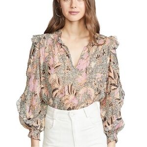 Ulla Johnson Silk-Blend Ruffle Floral Lara Blouse in Ivory, Size 0